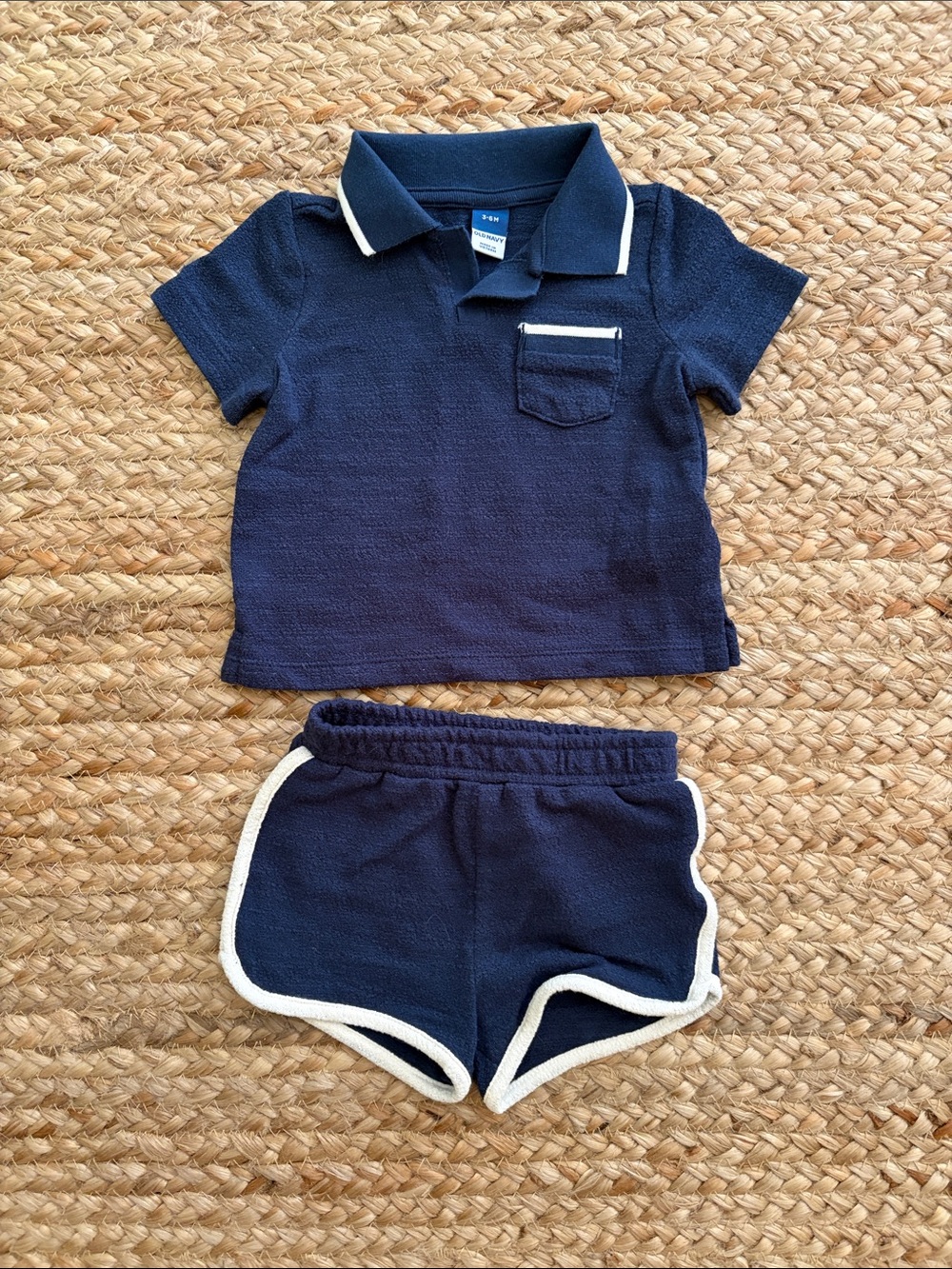 Old Navy navy blue white matching knit set, 3-6M